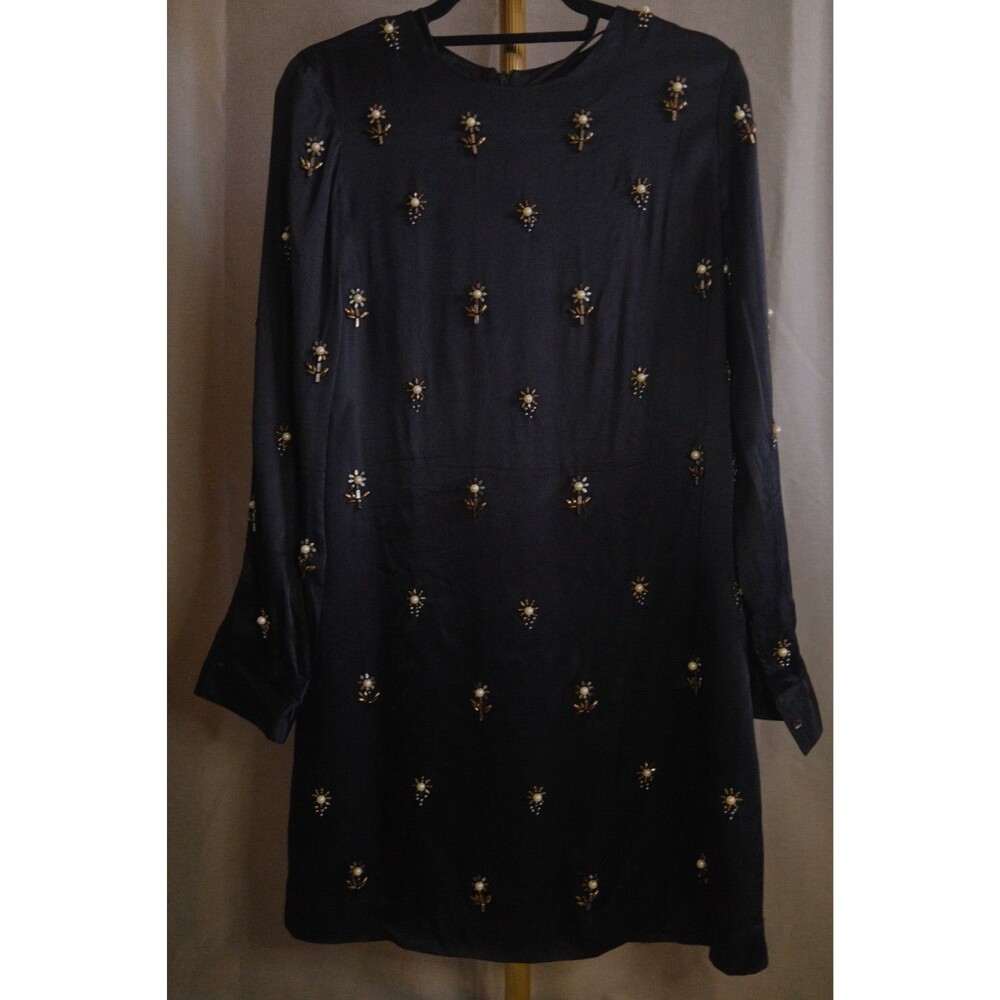 Zara Woman Black Embellished Pearl & Gold Bead Long Sleeve Mini Dress Size M